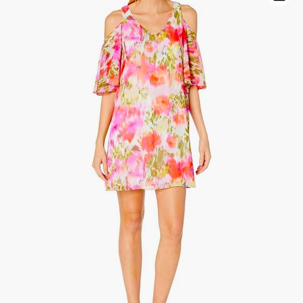 Maggy London Brushed Flower Printed Chiffon with Cold Shoulder Short Sleeve EUC